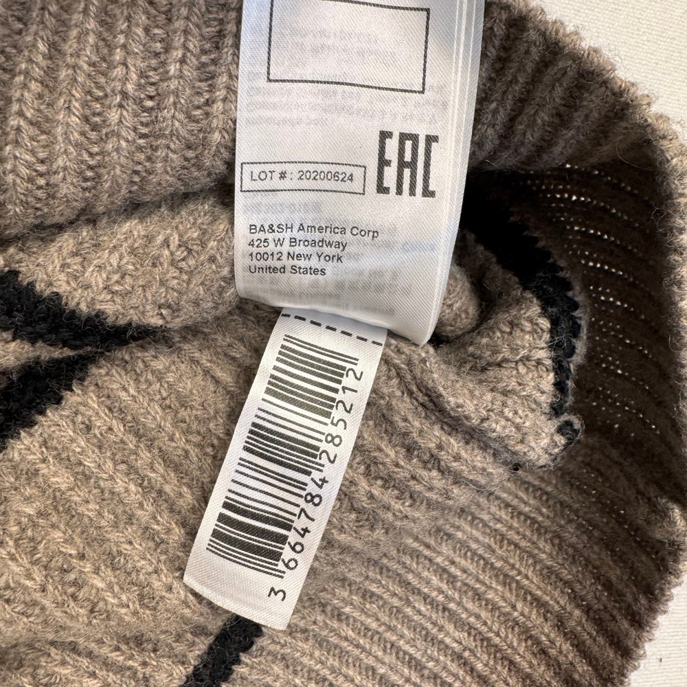 ba&sh Lady Pullover Women Size M Chamois Brown Stripe Puff Shoulder Zip Wool Yak - Picture 7 of 12